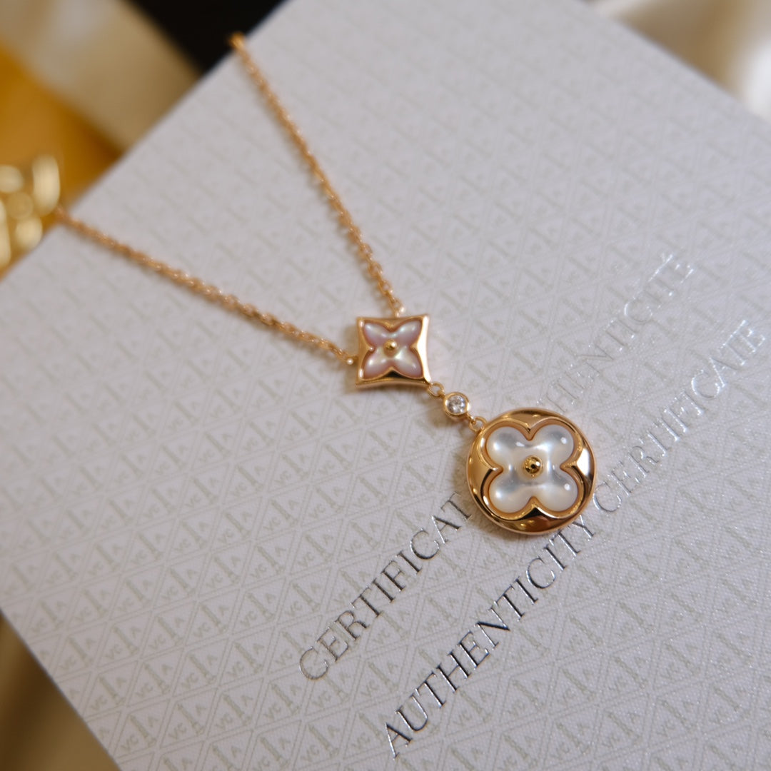 [Dawnora Jewelry]STAR AND SUN WHITE MOP 2 MOTIF PINK GOLD NECKLACE