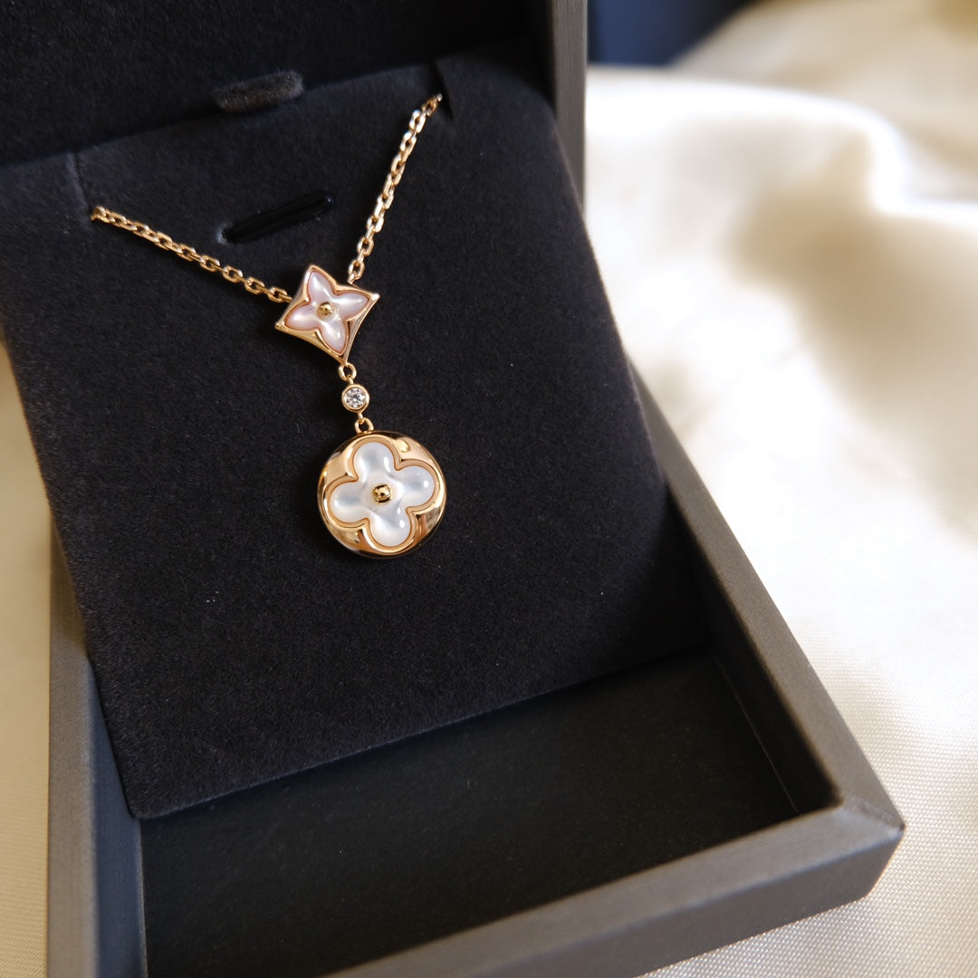 [Dawnora Jewelry]STAR AND SUN WHITE MOP 2 MOTIF PINK GOLD NECKLACE