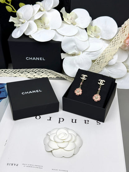[Dawnora Jewelry]26C Pink Camellia Enamel Pendant with Double C Earrings