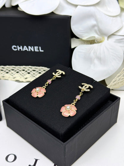 [Dawnora Jewelry]26C Pink Camellia Enamel Pendant with Double C Earrings