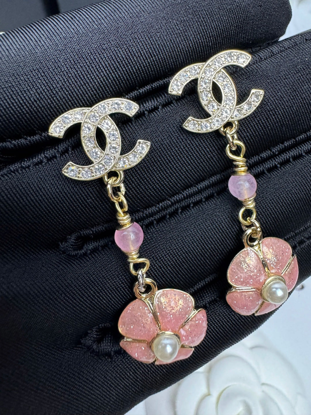 [Dawnora Jewelry]26C Pink Camellia Enamel Pendant with Double C Earrings