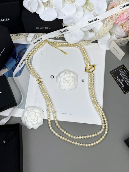 [Dawnora Jewelry]25K Pencil Double C Double-Layer Pearl Sweater Chain