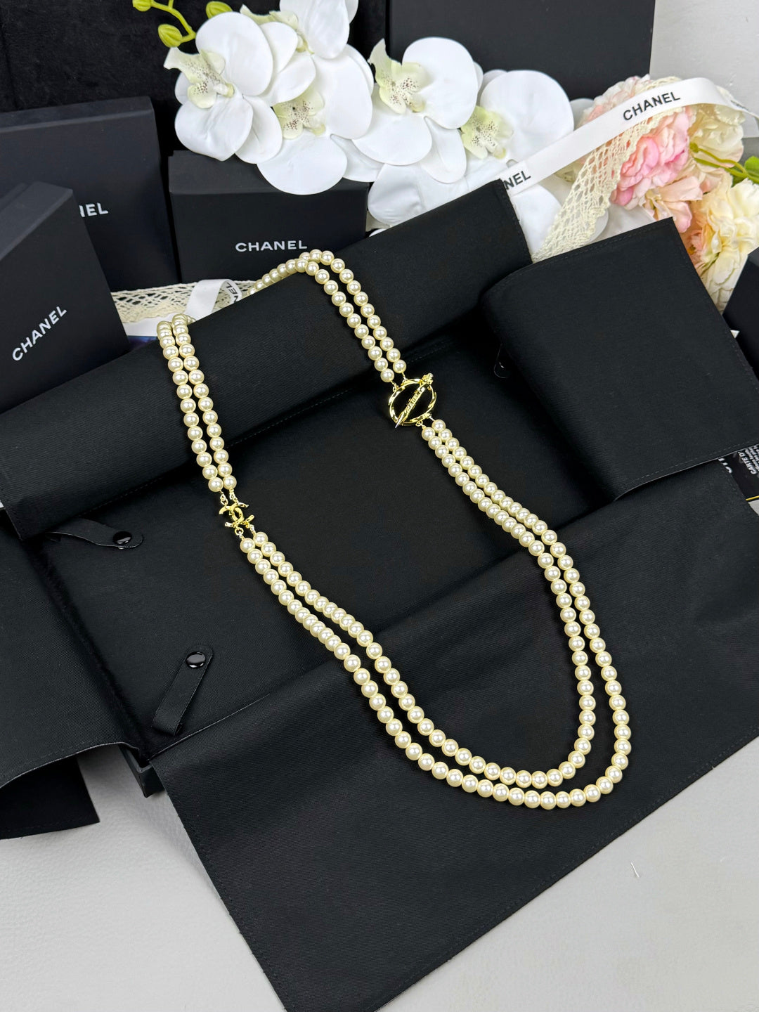 [Dawnora Jewelry]25K Pencil Double C Double-Layer Pearl Sweater Chain
