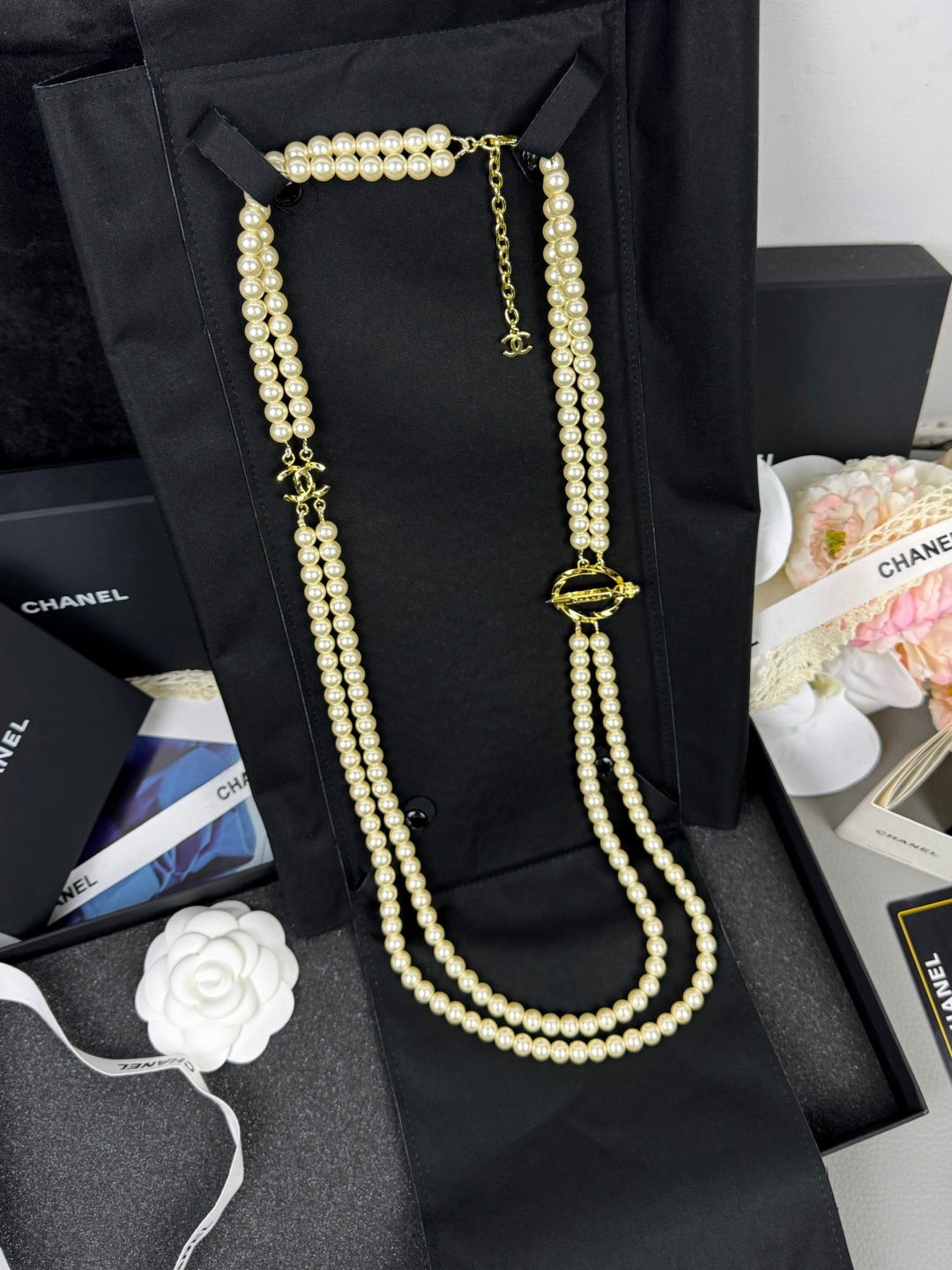 [Dawnora Jewelry]25K Pencil Double C Double-Layer Pearl Sweater Chain