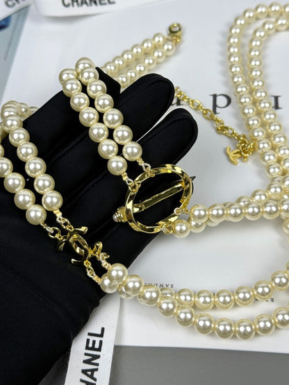[Dawnora Jewelry]25K Pencil Double C Double-Layer Pearl Sweater Chain