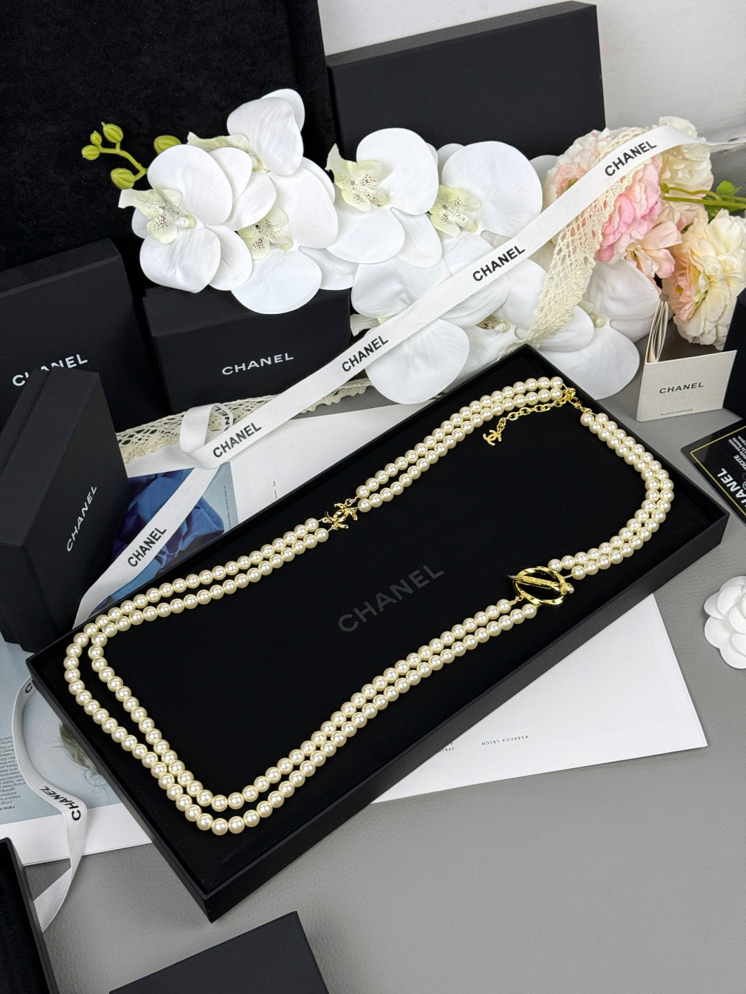 [Dawnora Jewelry]25K Pencil Double C Double-Layer Pearl Sweater Chain