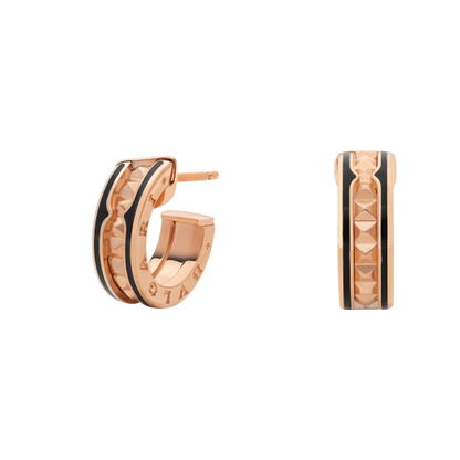 [Dawnora Jewelry]ZERO 1 ROCK PINK GOLD EARRINGS WITH STUDDED SPIRAL AND BLACK CERAMIC
