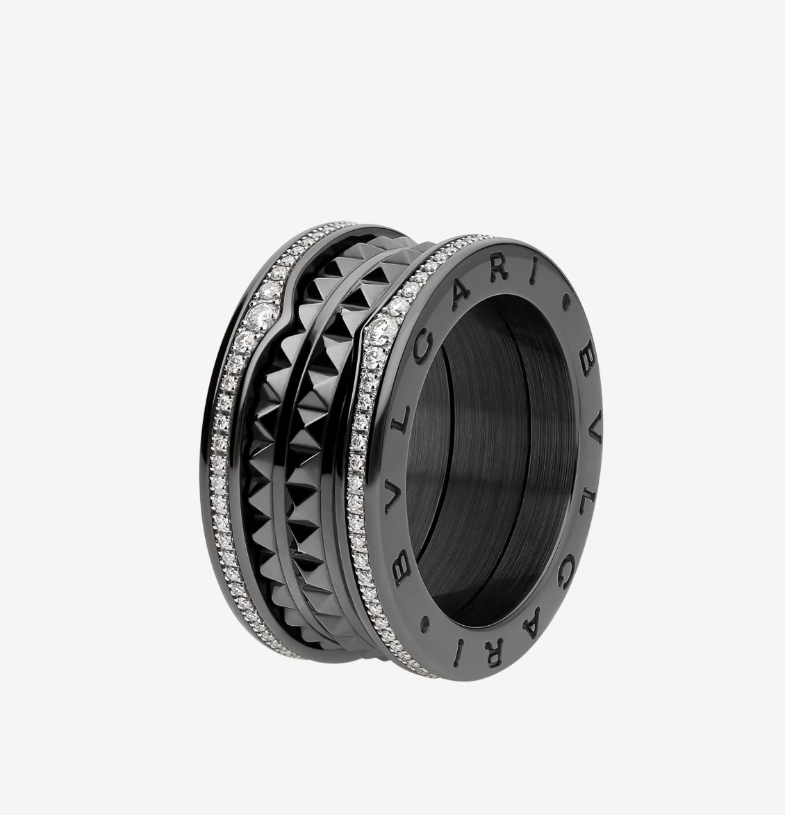 [Dawnora Jewelry]ZERO 1 ROCK FOUR-BAND BLACK CERAMIC WITH STUDDED SPIRAL AND PAVED DIAMONDS RING