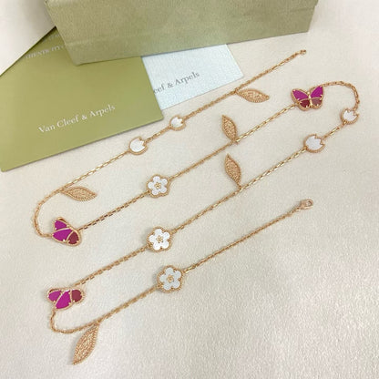 [Dawnora Jewelry]ROSE QUARTZ MIXED FLOWER BUTTERFLY SWEATER CHAIN