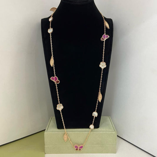 [Dawnora Jewelry]ROSE QUARTZ MIXED FLOWER BUTTERFLY SWEATER CHAIN
