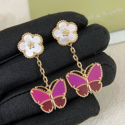 [Dawnora Jewelry]ROSE QUARTZ TWO‑FLOWER BUTTERFLY DROP EARRINGS