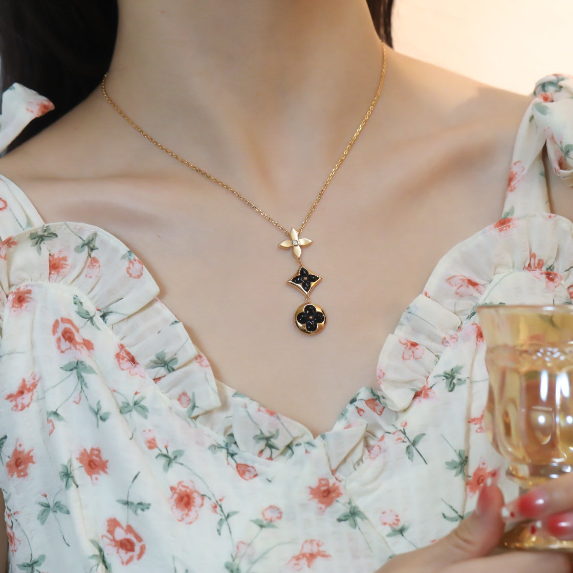 [Dawnora Jewelry]STAR AND SUN ONYX PINK GOLD NECKLACE