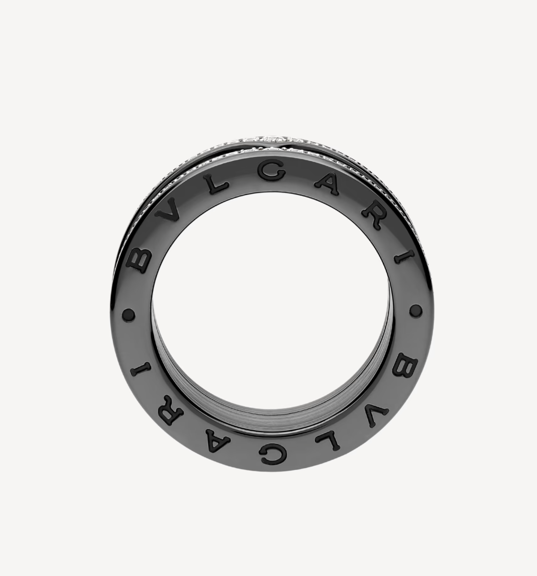 [Dawnora Jewelry]ZERO 1 ROCK FOUR-BAND BLACK CERAMIC WITH STUDDED SPIRAL AND PAVED DIAMONDS RING