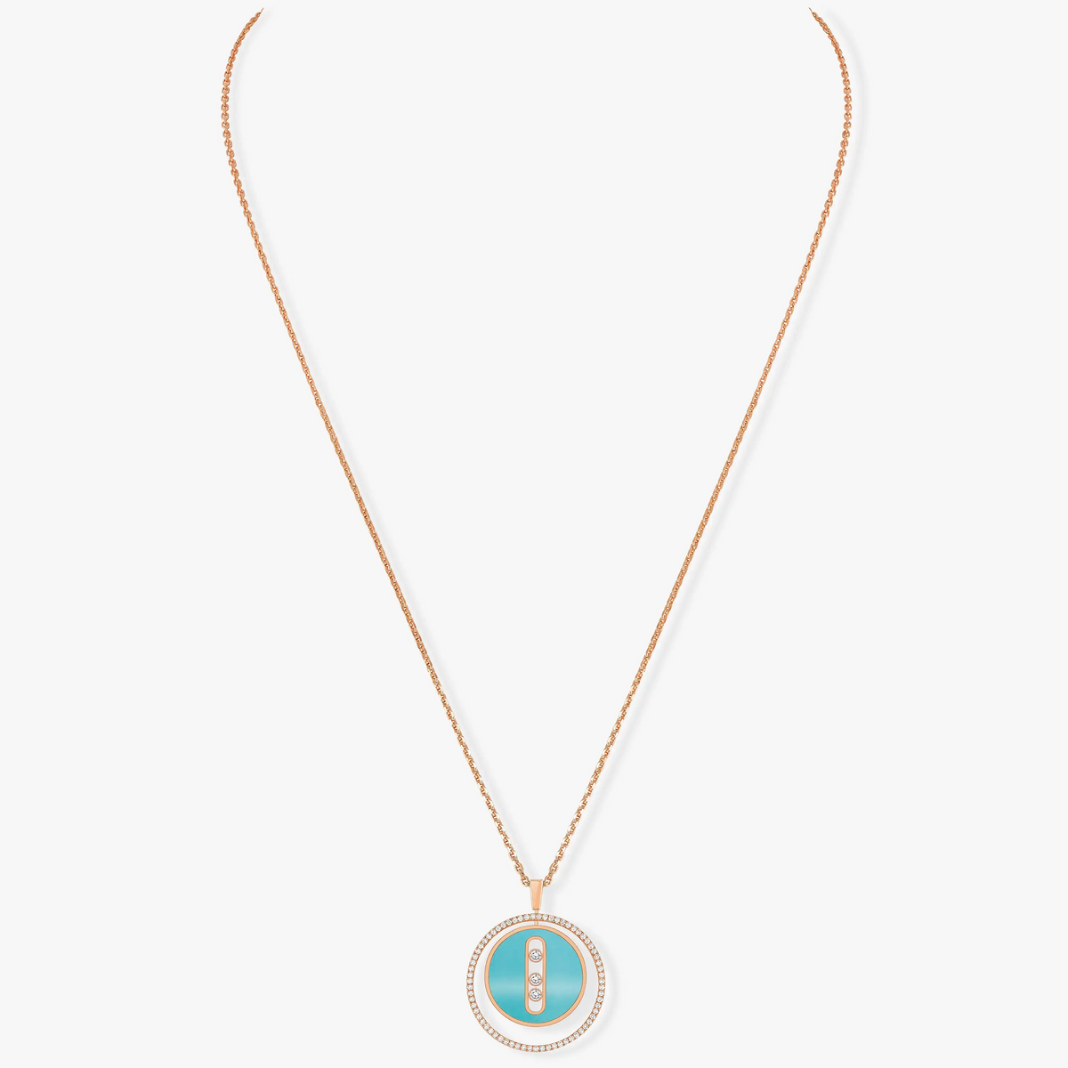[Dawnora Jewelry]LUCKY MOVE 3 DIAMONDS TURQUOISE PINK GOLD DIAMOND NECKLACE