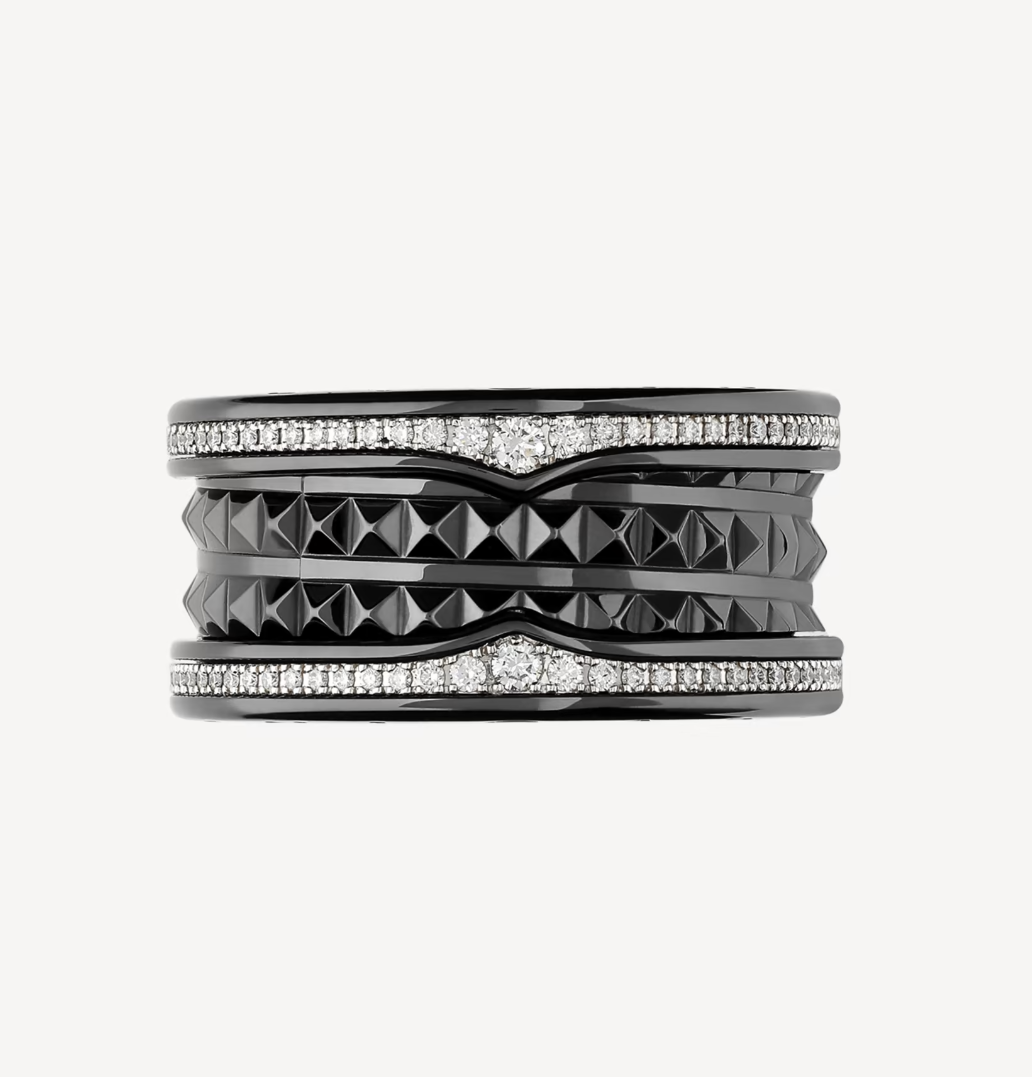 [Dawnora Jewelry]ZERO 1 ROCK FOUR-BAND BLACK CERAMIC WITH STUDDED SPIRAL AND PAVED DIAMONDS RING