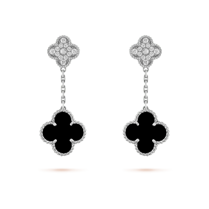 [Dawnora Jewelry]CLOVER 2 MOTIFS  DIAMOND ONYX EARRINGS SILVER