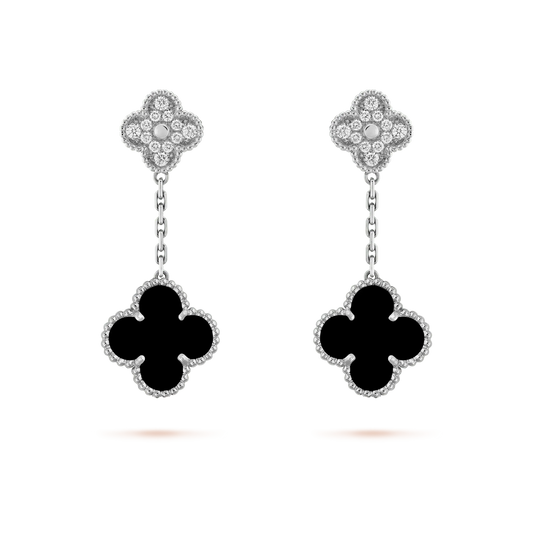 [Dawnora Jewelry]CLOVER 2 MOTIFS  DIAMOND ONYX EARRINGS SILVER