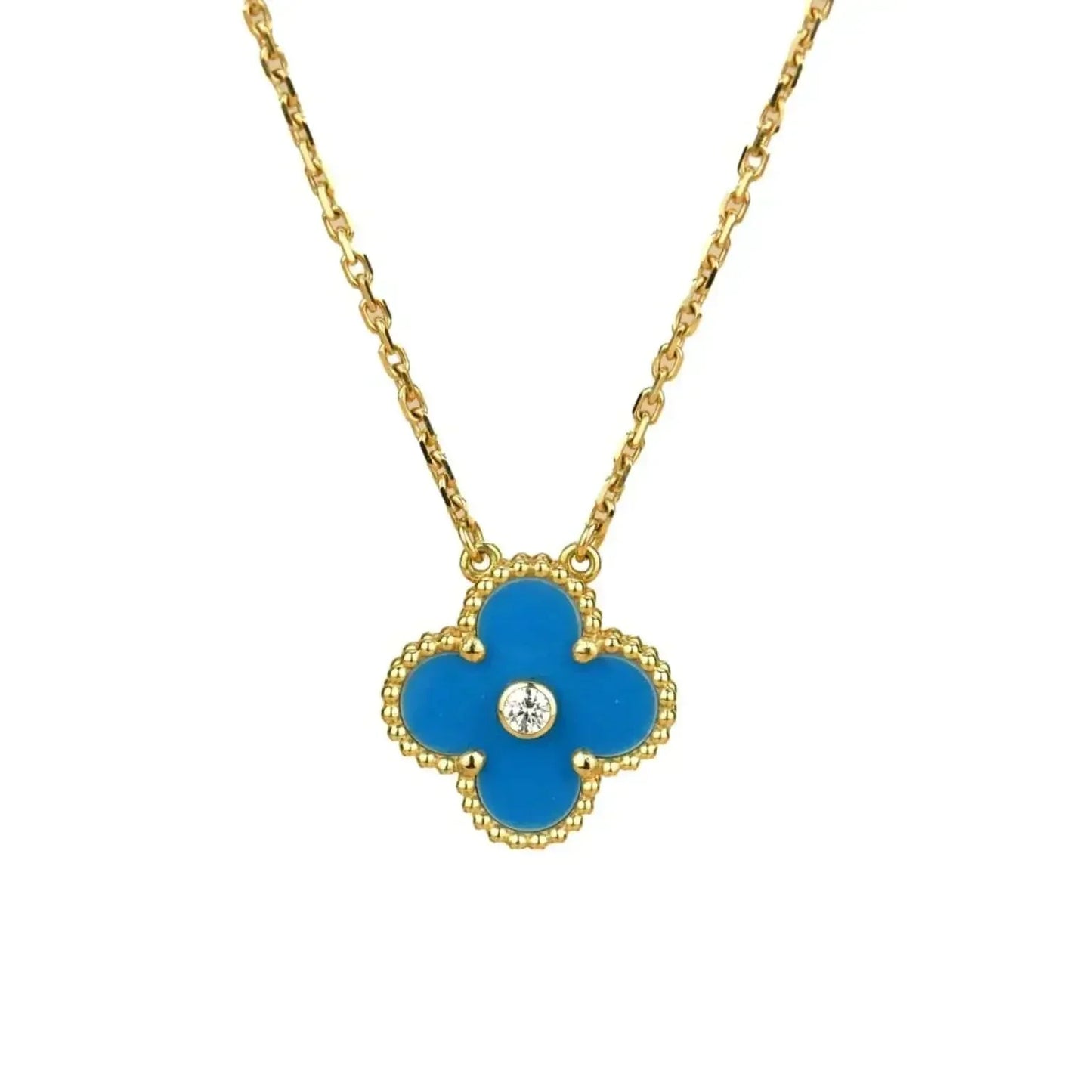 [Dawnora Jewelry]CLOVER 15MM DIAMOND AND BLUE AGATE NECKLACE