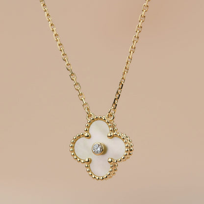 [Dawnora Jewelry]CLOVER 15MM DIAMOND GOLD MOTHER OF PEARL NECKLACE