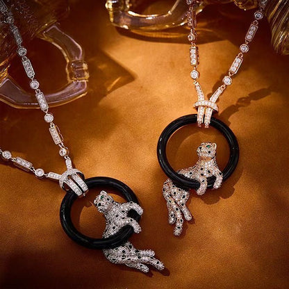 [Dawnora Jewelry]NEW BLACK CIRCLE PANTHER FULL DIAMOND NECKLACE