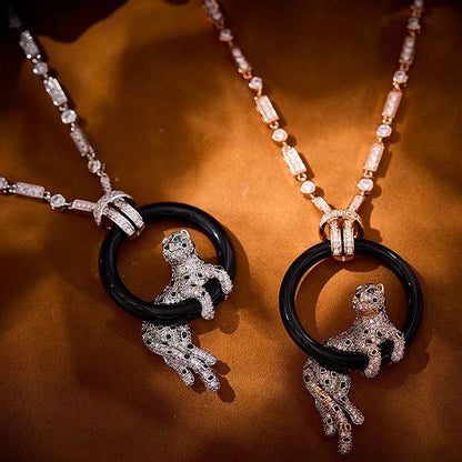 [Dawnora Jewelry]NEW BLACK CIRCLE PANTHER FULL DIAMOND NECKLACE