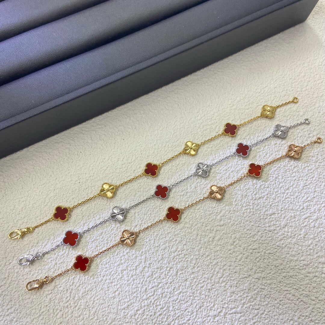 [Dawnora Jewelry]CLOVER 6 MOTIF RED AGATE LASER BRACELET