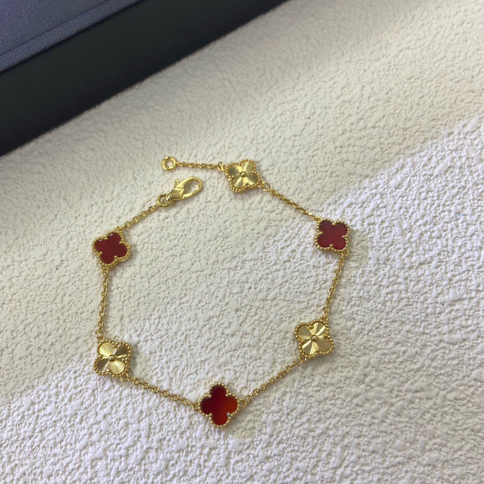 [Dawnora Jewelry]CLOVER 6 MOTIF RED AGATE LASER BRACELET