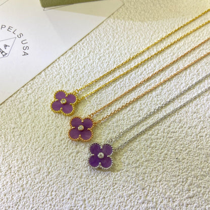 [Dawnora Jewelry Jewelry]CLOVER 15MM DIAMOND  PURPLE VIOLET NECKLACE