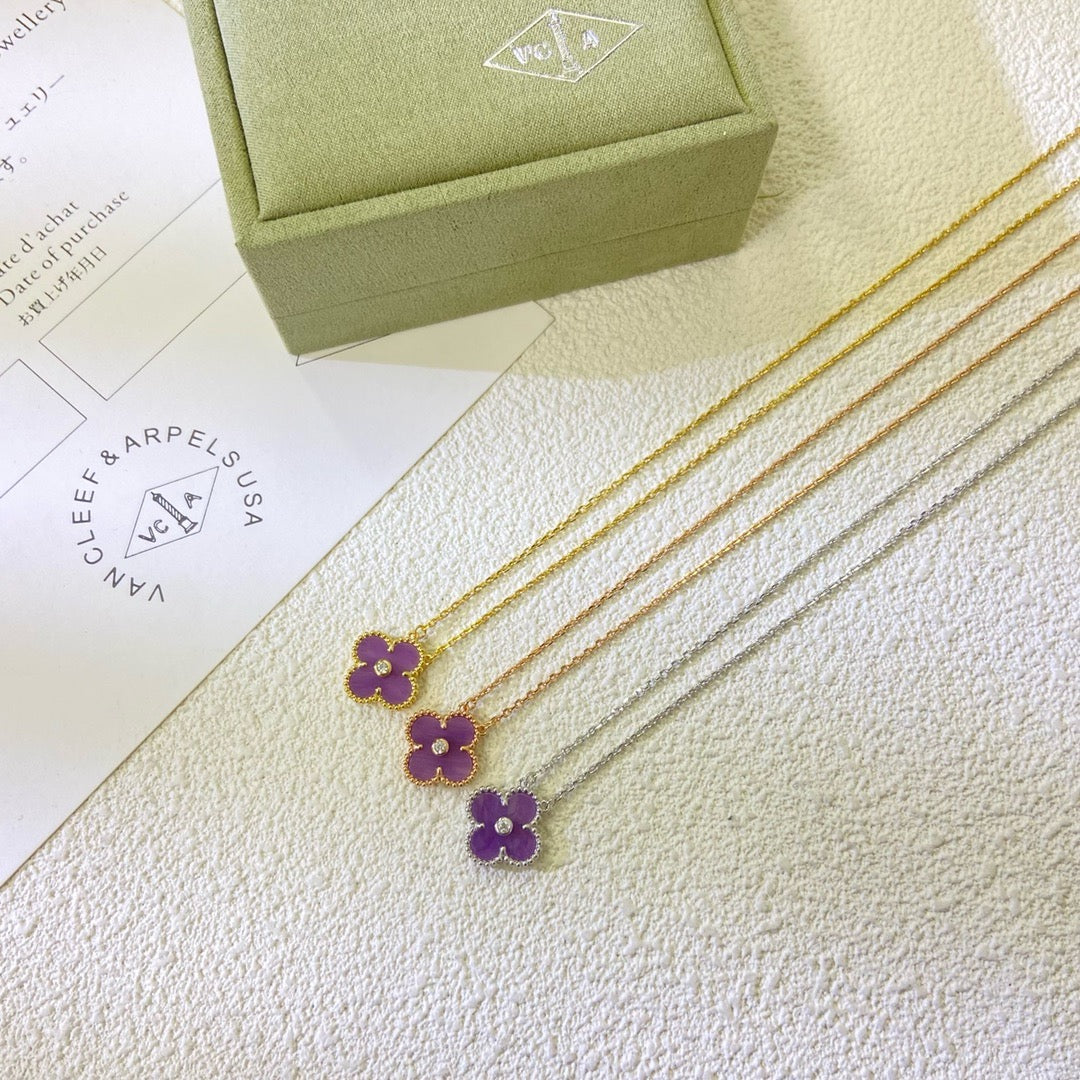 [Dawnora Jewelry Jewelry]CLOVER 15MM DIAMOND  PURPLE VIOLET NECKLACE
