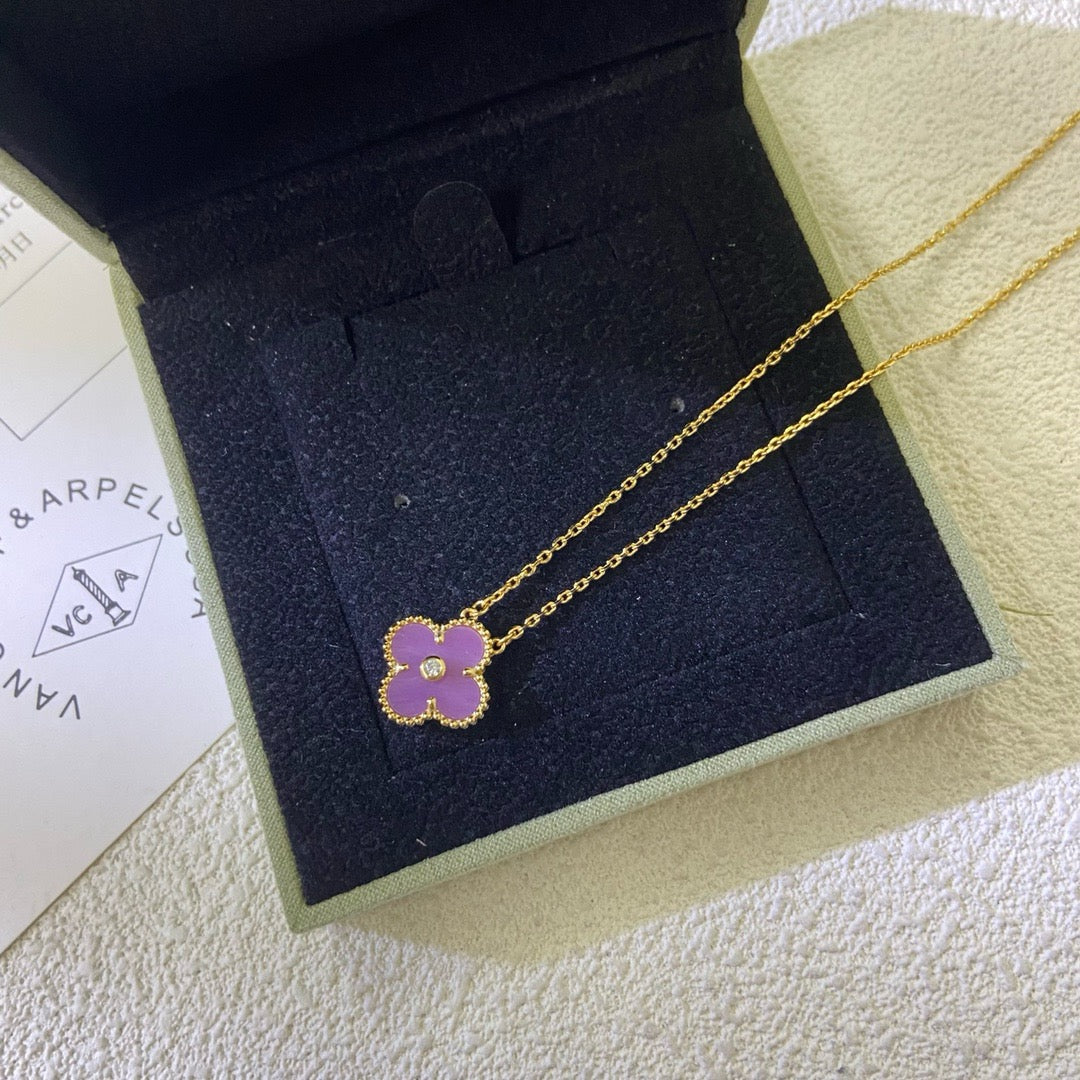 [Dawnora Jewelry Jewelry]CLOVER 15MM DIAMOND  PURPLE VIOLET NECKLACE