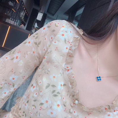 [Dawnora Jewelry]CLOVER 15MM DIAMOND AND BLUE AGATE NECKLACE