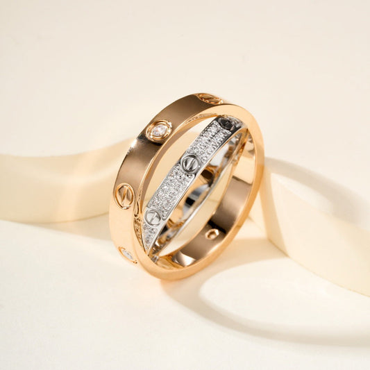 [Dawnora Jewelry]LOVE PINK GOLD SILVER DIAMOND DOUBLE RING
