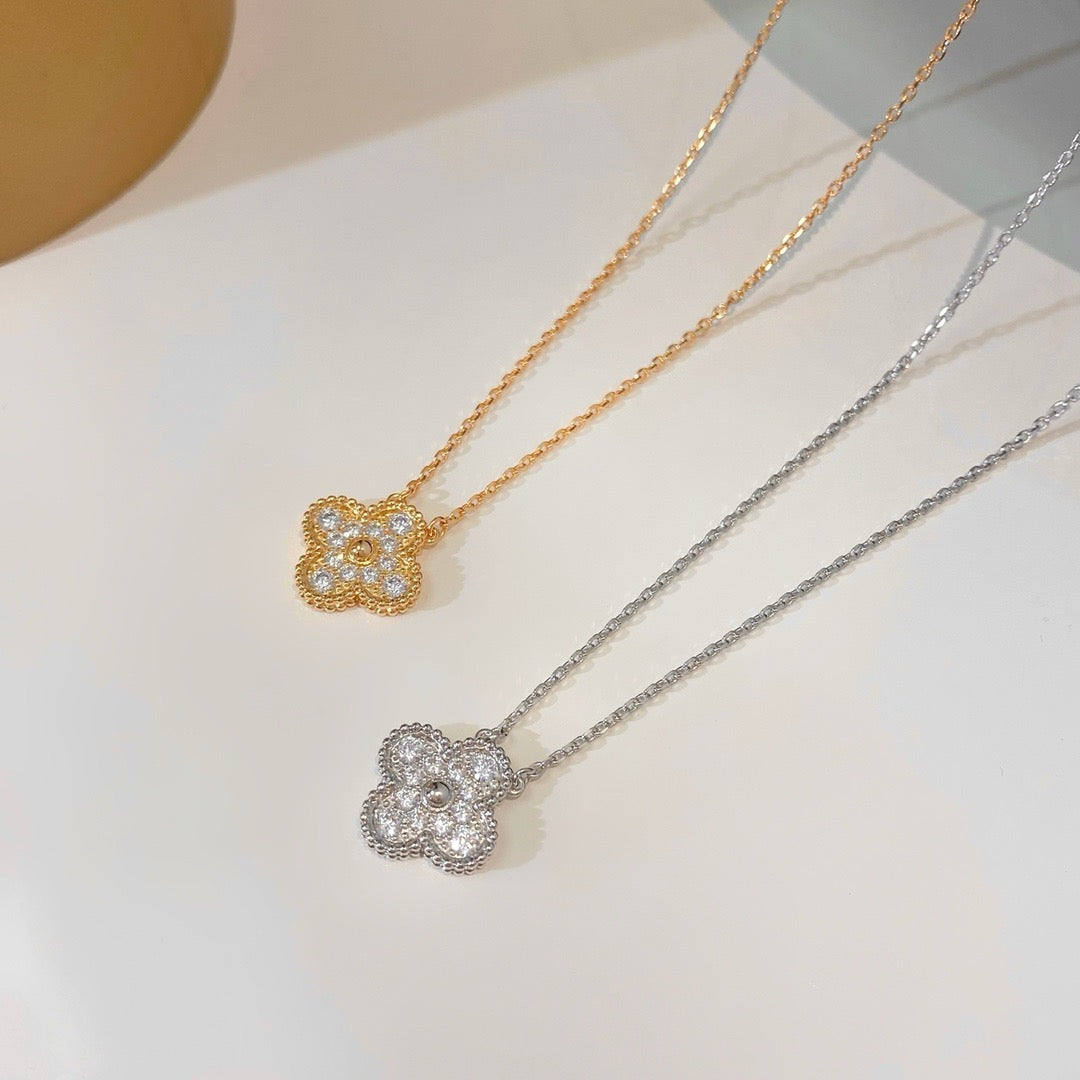 [Dawnora Jewelry]CLOVER 15MM DIAMOND SINGLE FLOWER NECKLACE