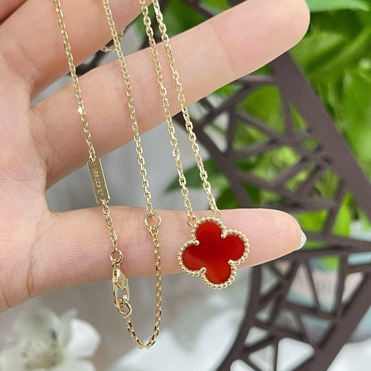 [Dawnora Jewelry]CLOVER 15MM CARNELIAN SINGLE FLOWER NECKLACE