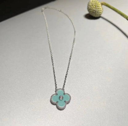 [Dawnora Jewelry]CLOVER 1 DIAMOND LIGHT BLUE SILVER NECKLACE