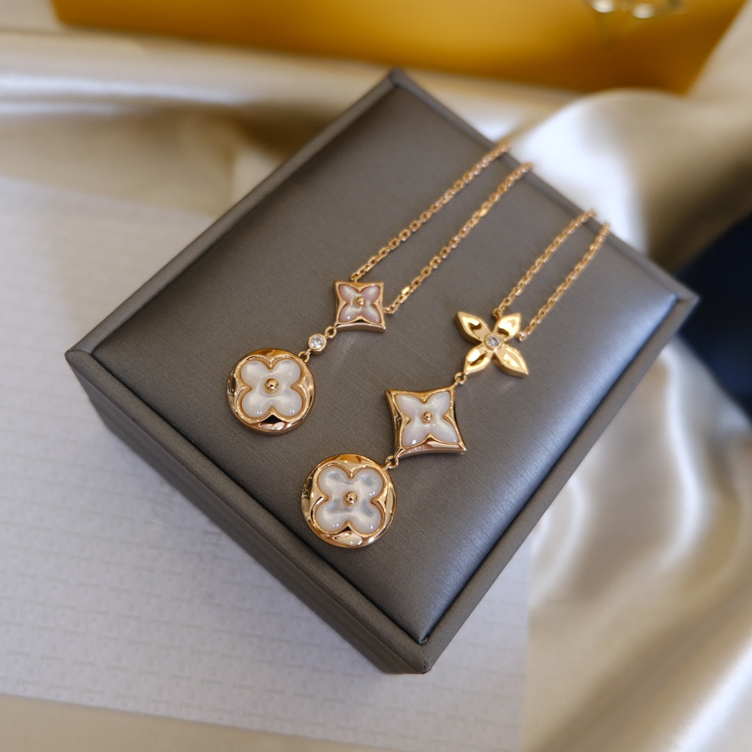 [Dawnora Jewelry]COLOR BLOSSOM LARIAT NECKLACE PINK GOLD WHITE MOTHER PEARL AND DIAMOND