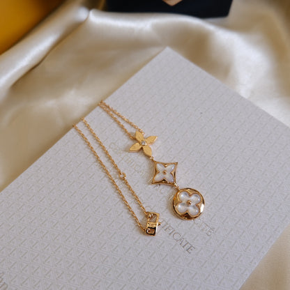 [Dawnora Jewelry]COLOR BLOSSOM LARIAT NECKLACE PINK GOLD WHITE MOTHER PEARL AND DIAMOND
