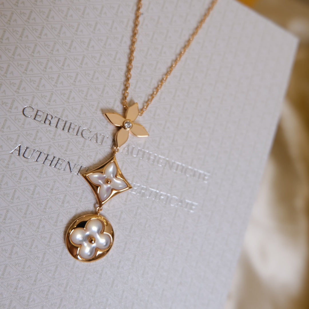 [Dawnora Jewelry]COLOR BLOSSOM LARIAT NECKLACE PINK GOLD WHITE MOTHER PEARL AND DIAMOND