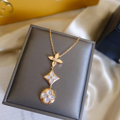 [Dawnora Jewelry]COLOR BLOSSOM LARIAT NECKLACE PINK GOLD WHITE MOTHER PEARL AND DIAMOND
