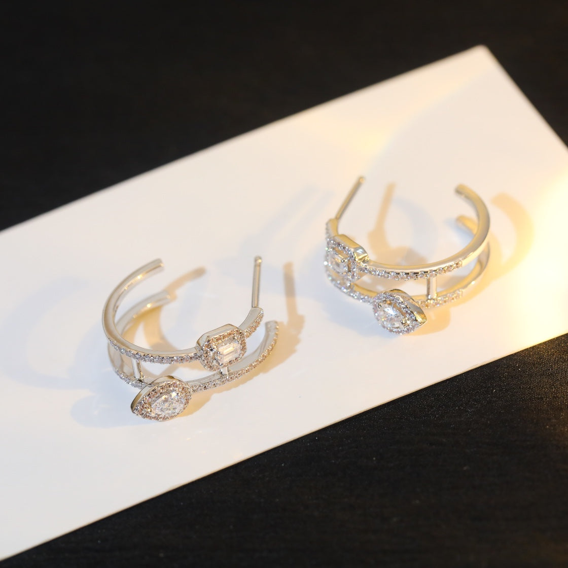 [Dawnora Jewelry]CREOLES MY TWIN 2 RANGS SILVER DIAMOND EARRINGS