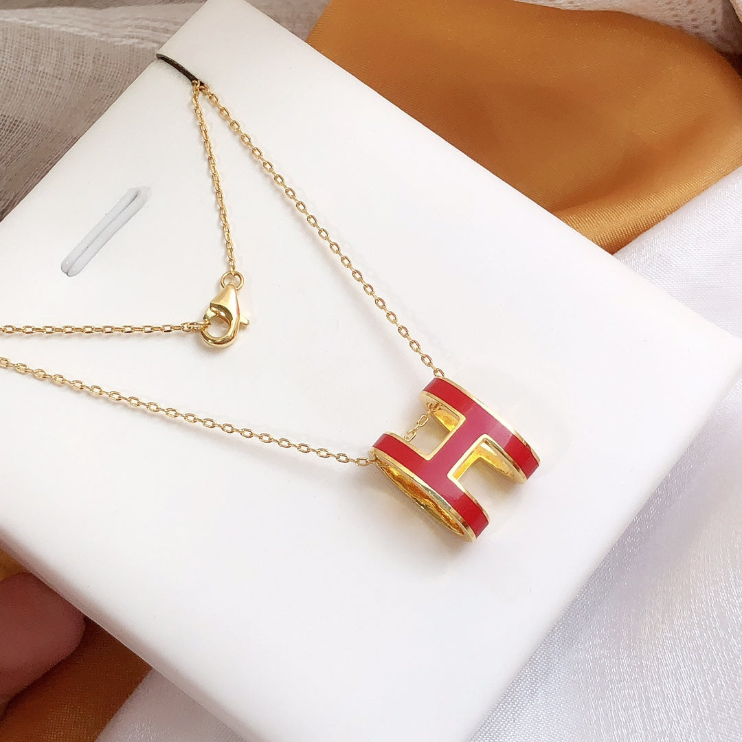 [Dawnora Jewelry]HM CLIC RED ENAMEL GOLD NECKLACE