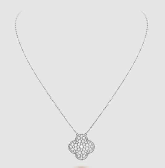 [Dawnora Jewelry]CLOVER 25MM LARGE PENDANT DIAMOND PAVED SILVER NECKLACE