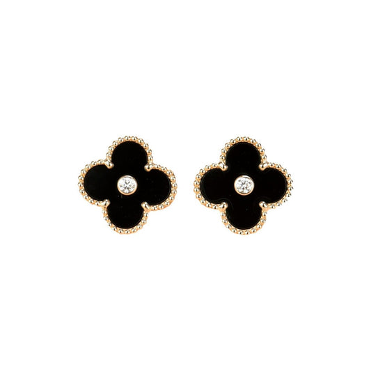 [Dawnora Jewelry]CLOVER MEDIUM 1 MOTIFS ONYX DIAMOND EARRINGS