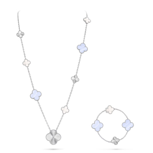 [Dawnora Jewelry]DETACHABLE CLOVER 15(11+4) FLOWER SILVER NECKLACE SET