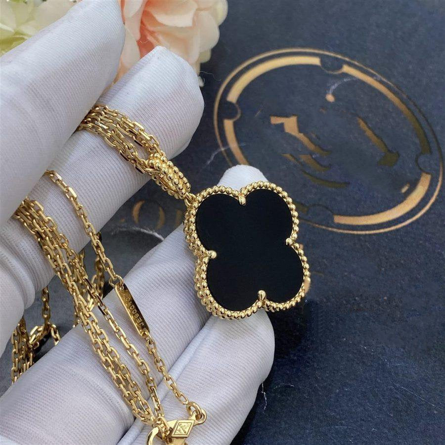 [Dawnora Jewelry]CLOVER 25MM GOLD ONYX BIG CLOVER NECKLACE