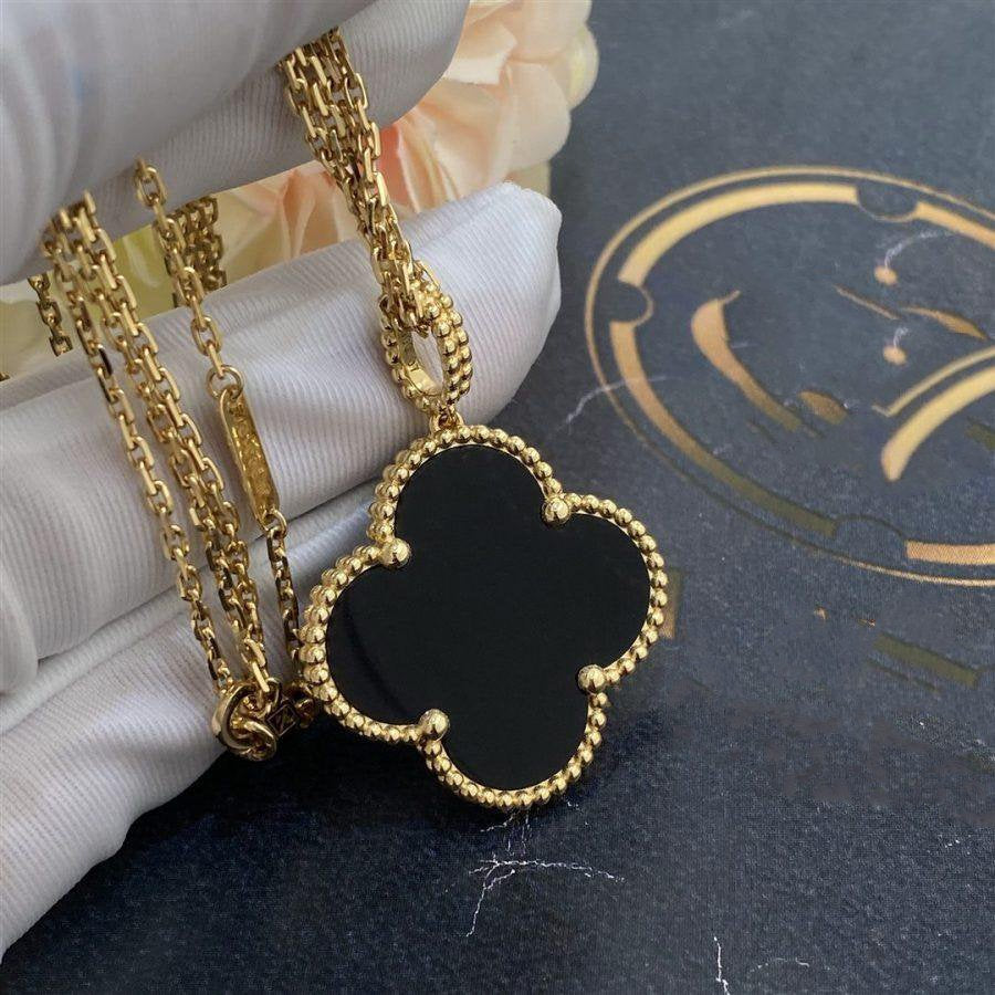 [Dawnora Jewelry]CLOVER 25MM GOLD ONYX BIG CLOVER NECKLACE
