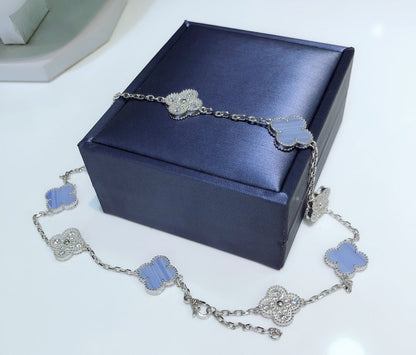 [Dawnora Jewelry]CLOVER 10 MOTIFS CHALCEDONY DIAMONDS SILVER NECKLACE