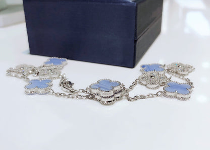 [Dawnora Jewelry]CLOVER 10 MOTIFS CHALCEDONY DIAMONDS SILVER NECKLACE
