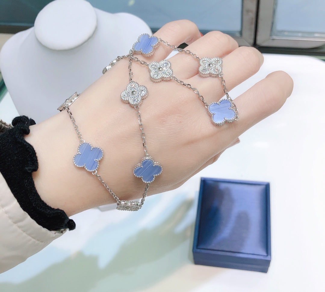 [Dawnora Jewelry]CLOVER 10 MOTIFS CHALCEDONY DIAMONDS SILVER NECKLACE
