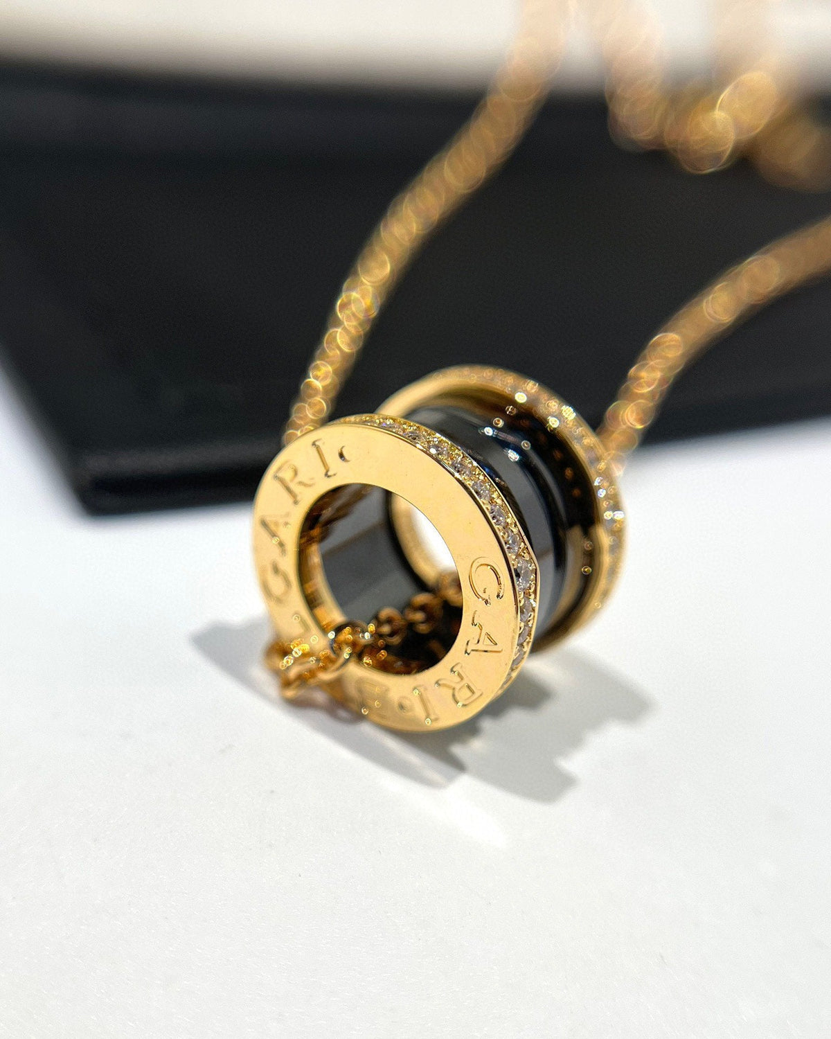 [Dawnora Jewelry]ZERO 1 BLACK CERAMIC DIAMOND PINK GOLD NECKLACE